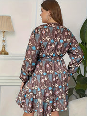  Boho Dress Women's Plus Floral & Leaf Print Lantern Sleeve Dress