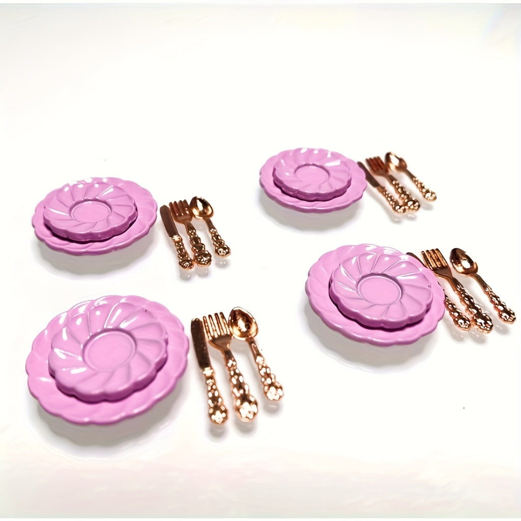 Vintage Metal Dollhouse Accessory Set Cake Plate Fork & Spoon