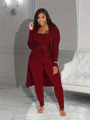 Ribbed 3pcs Set Crop Tank Top High Waist Pants Long Cardigan Outfits