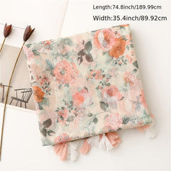 Women's Linen Pink Floral Print Fringe Scarf