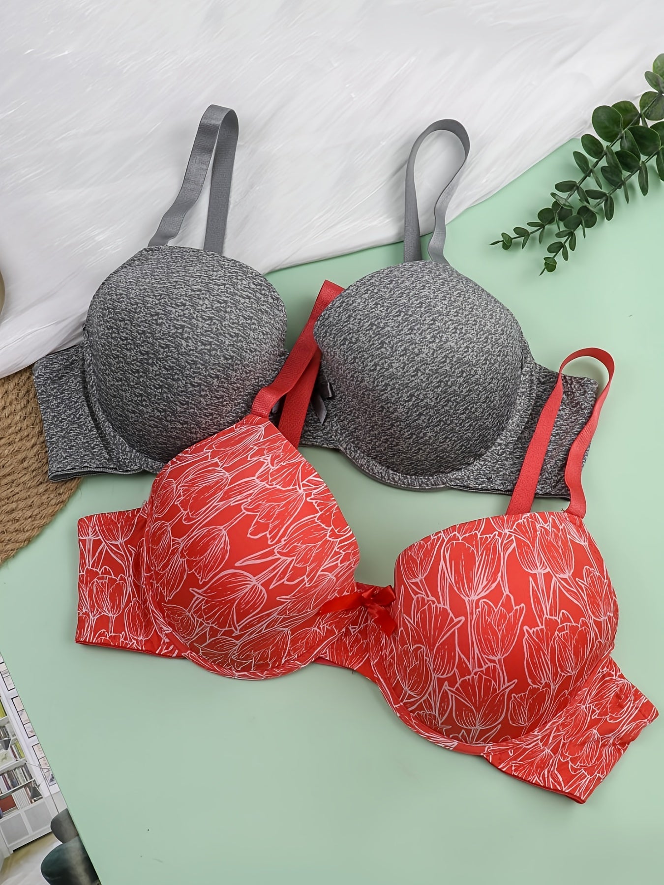 2 Pack Women's Plus Size Casual Bras Set Full Coverage Solid Floral Print 2pcs