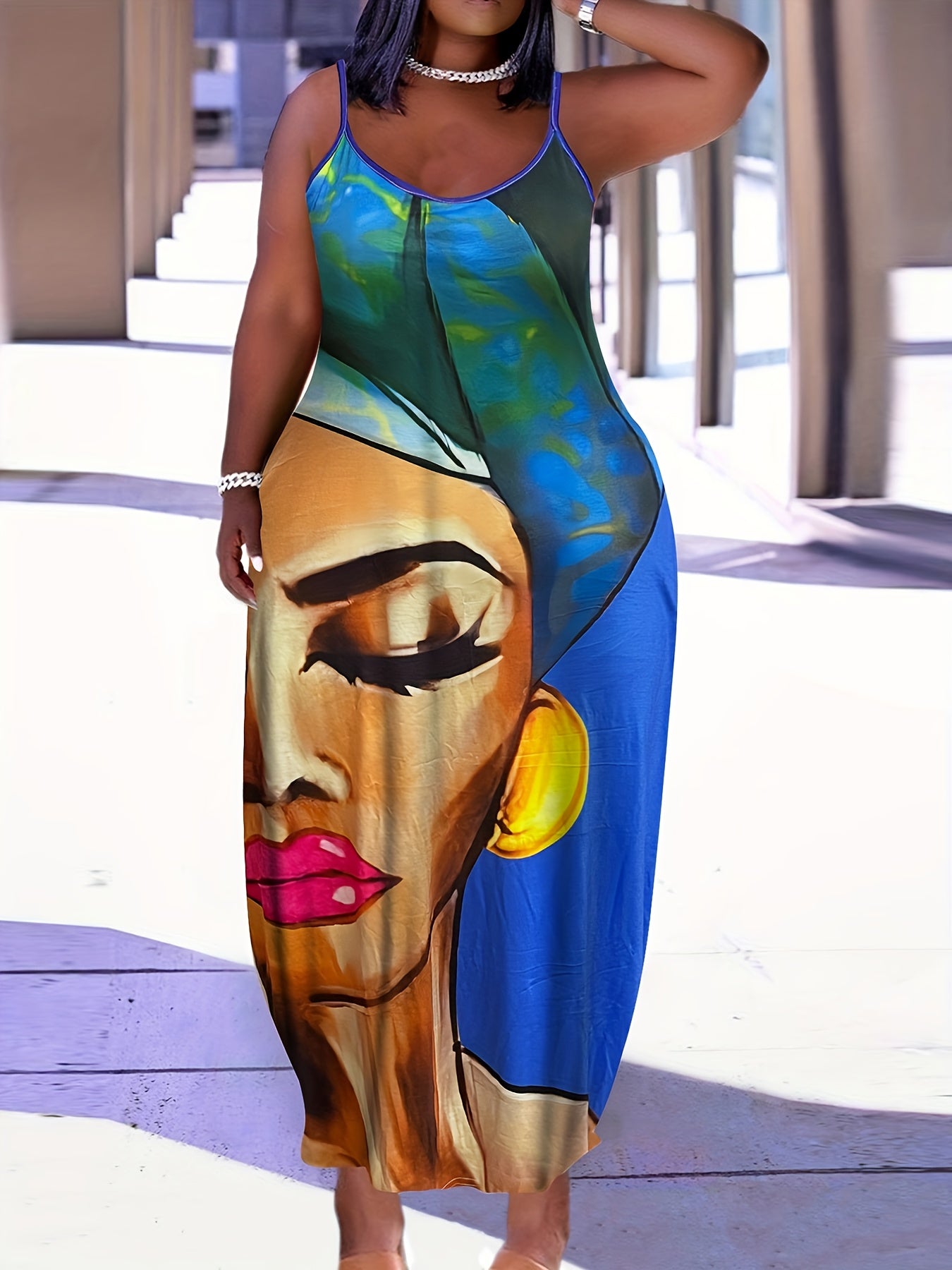  Colorblock Figure Print Maxi Cami Dress