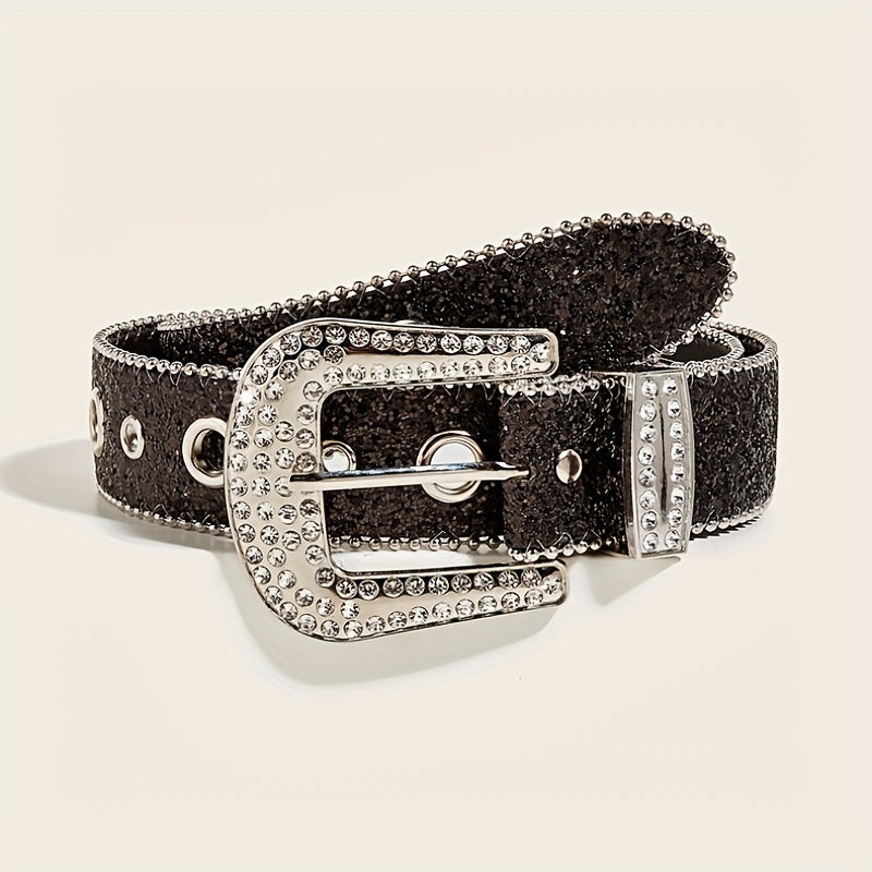 Glitter Eyelet Belt Hip Hop Rhinestone PU Leather Waistband