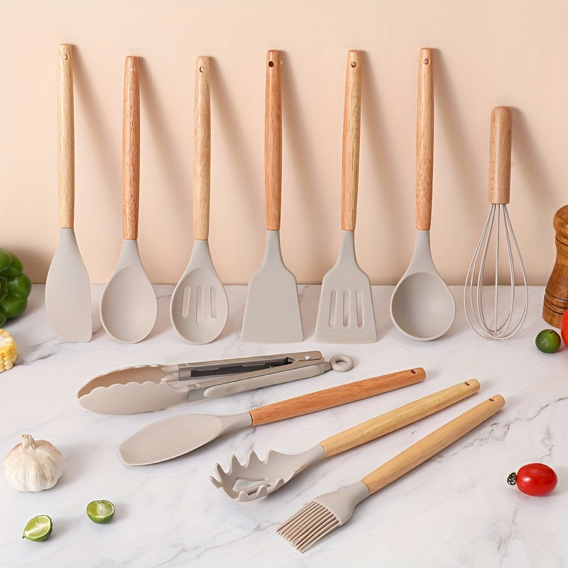 12pcs Silicone Utensil Set Khaki Kitchen Utensil Set With Wooden Handle