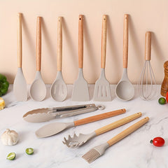 12pcs Silicone Utensil Set Khaki Kitchen Utensil Set With Wooden Handle