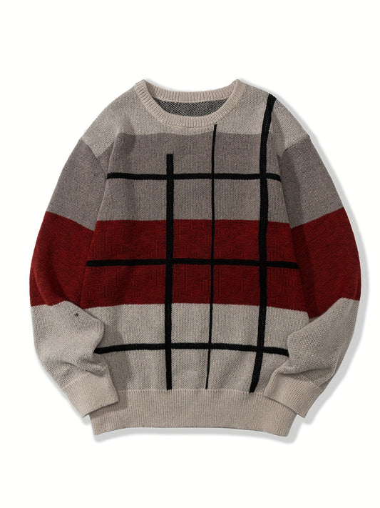 Knitted Block Sweater Men's Casual Warm Crew Neck Pullover For Men