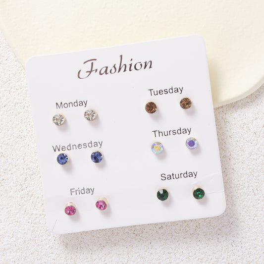 6 Pairs Colorful Rhinestone Stud Earrings Stainless Steel Jewelry
