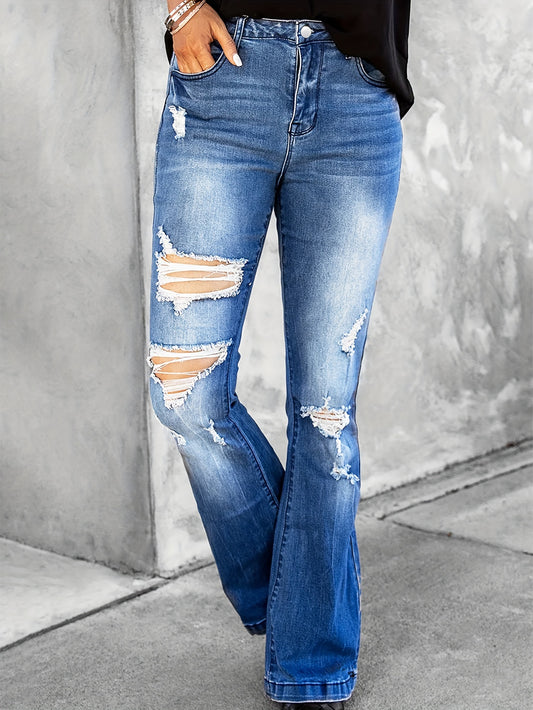  Solid Ripped High Rise Flared Leg Jeans