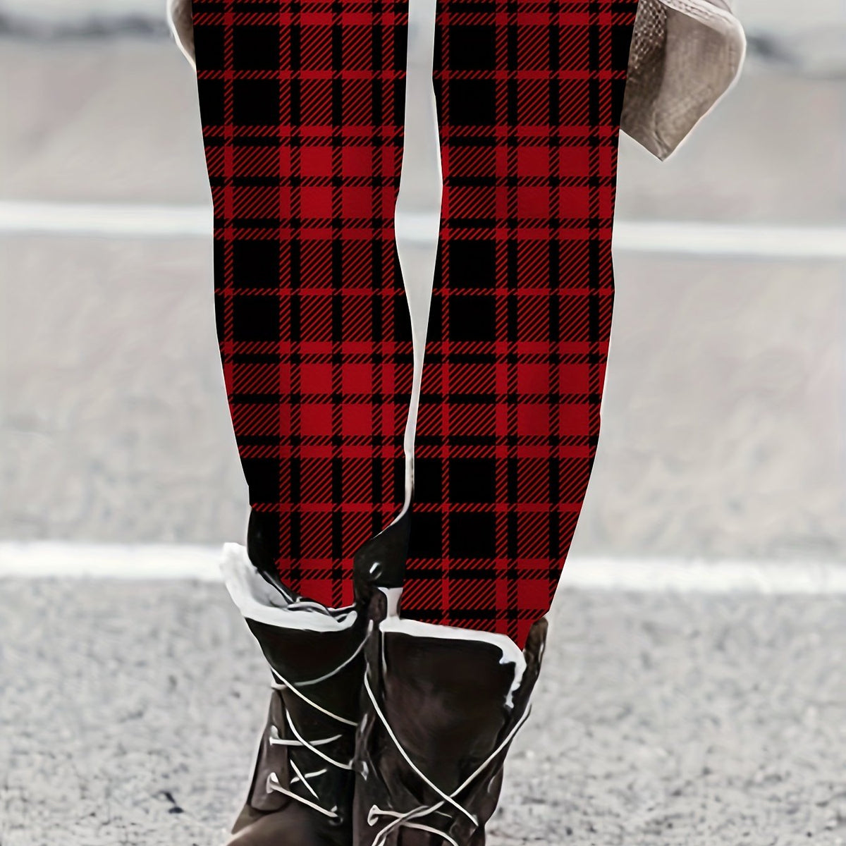 Women's Plaid Print High Rise Leggings