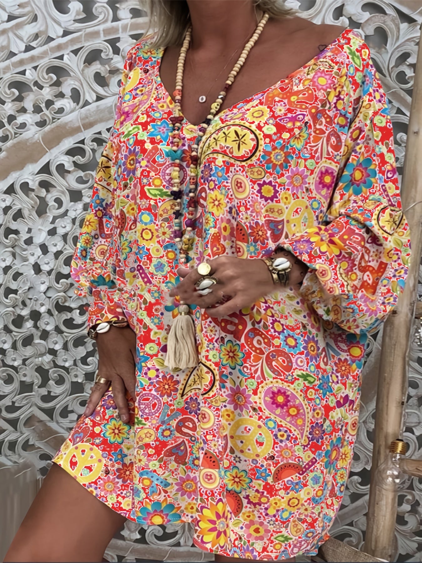 Floral Print V Neck Dress Plus Size Stretch Dress Women