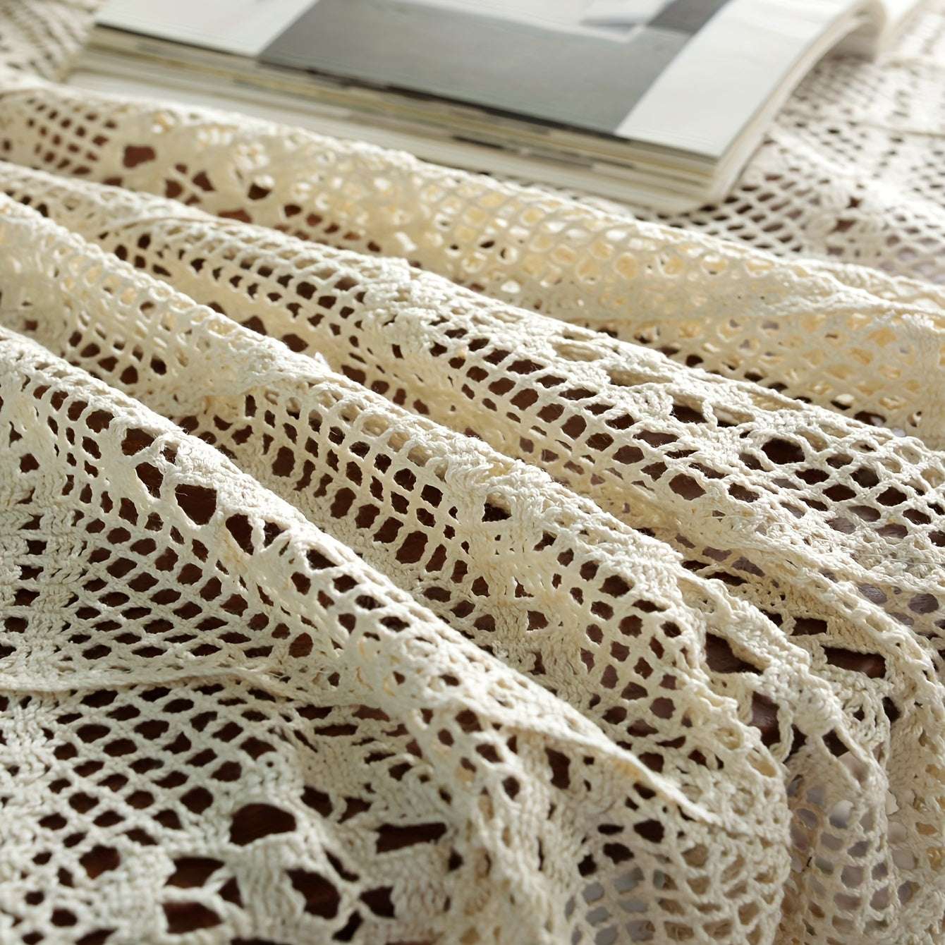 Bohemian Cotton Tablecloth with Fringe Beige Crochet for Home Decor