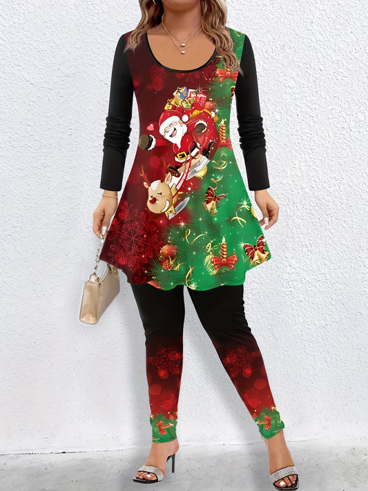 Women's Plus Size Santa Claus & Elk Print Peplum Top & Leggings Set