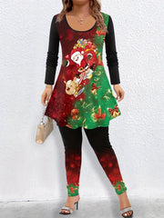 Women's Plus Size Santa Claus & Elk Print Peplum Top & Leggings Set