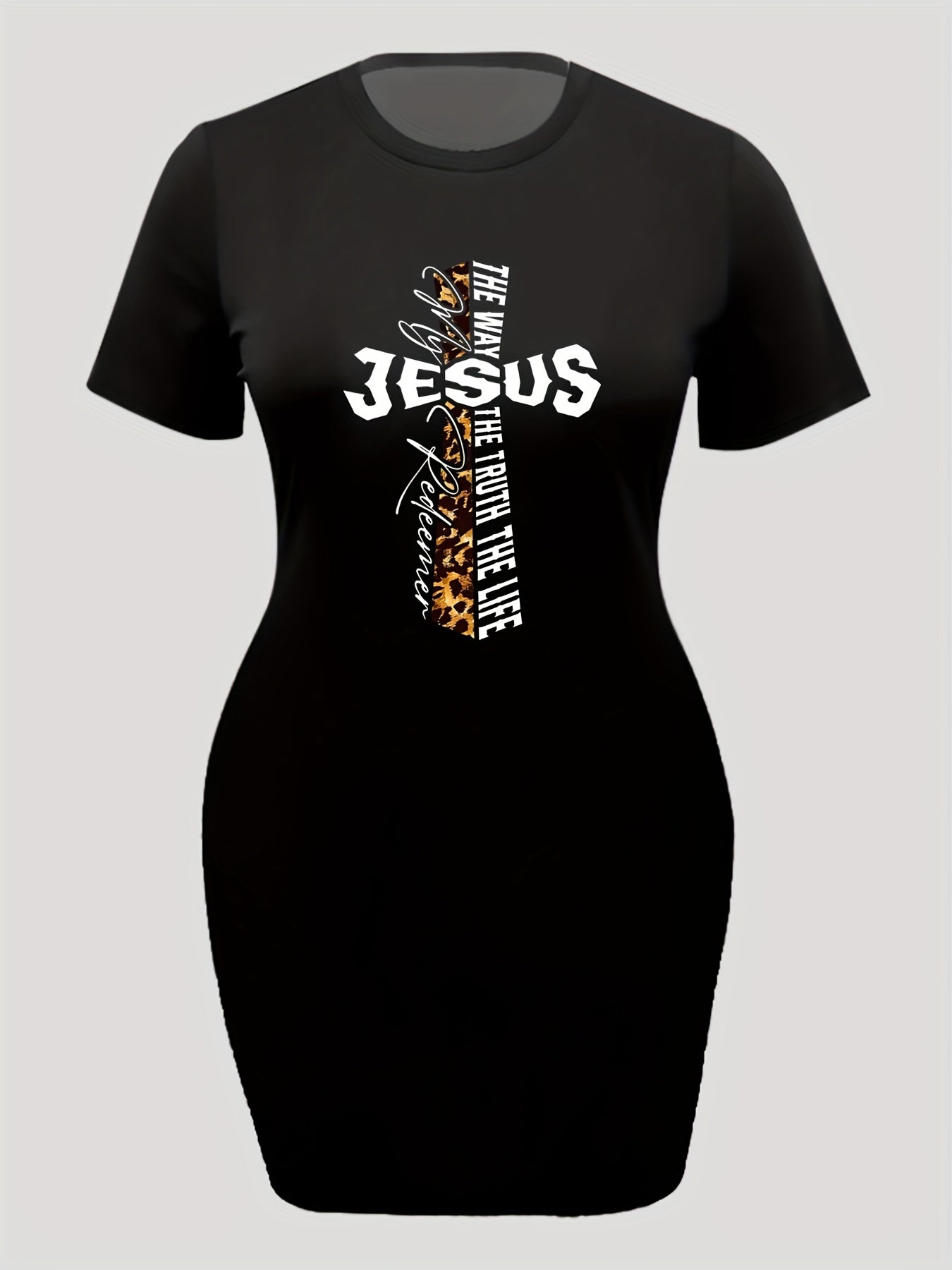 Women's Plus Leopard & Slogan Print Short Sleeve High Stretch Dress