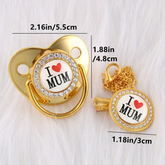 Artificial Diamond I Love Mom Pacifier Chain Clip