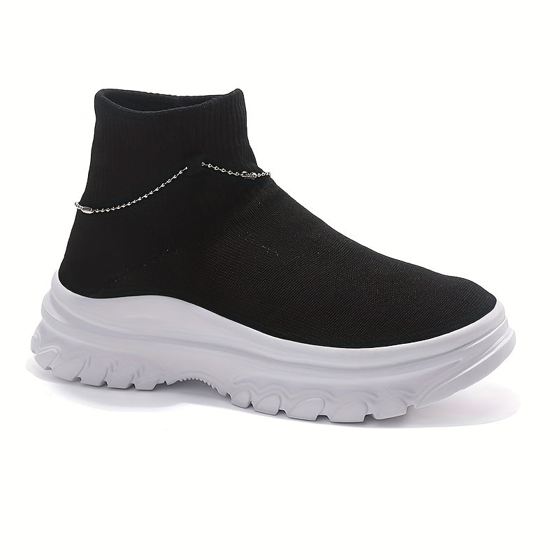 Women's High Top Slip on Socks Sneakers Chain Decor Comfy Non Slip Walking Shoes