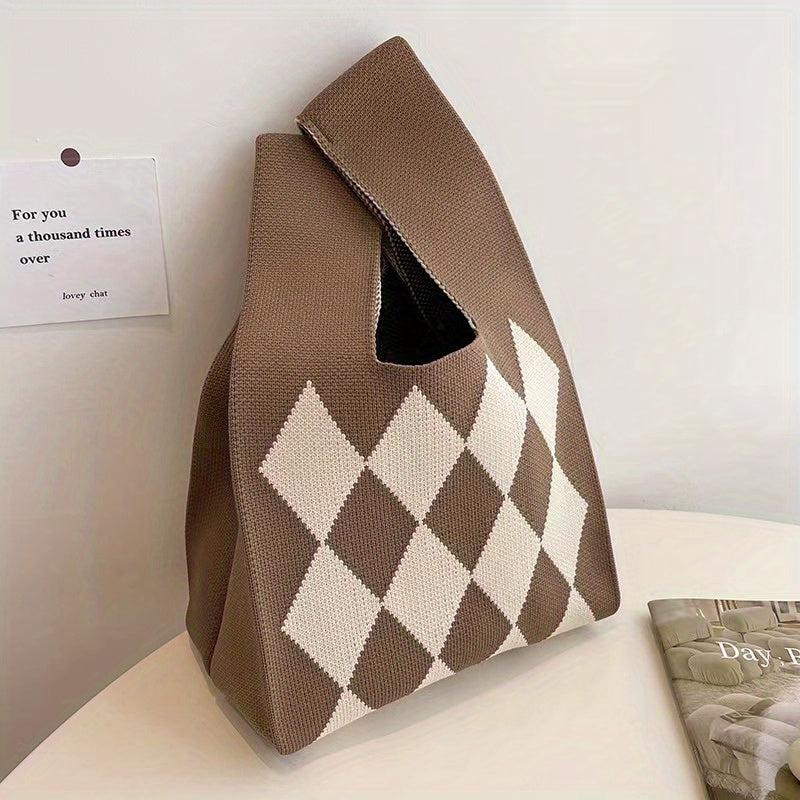 Rhombus Contrast Woven Handbag Fabric Crochet Niche Tote Bag