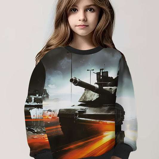 Tank Graphic Long Sleeve Sweatshirt, Spring Fall Sports Gift