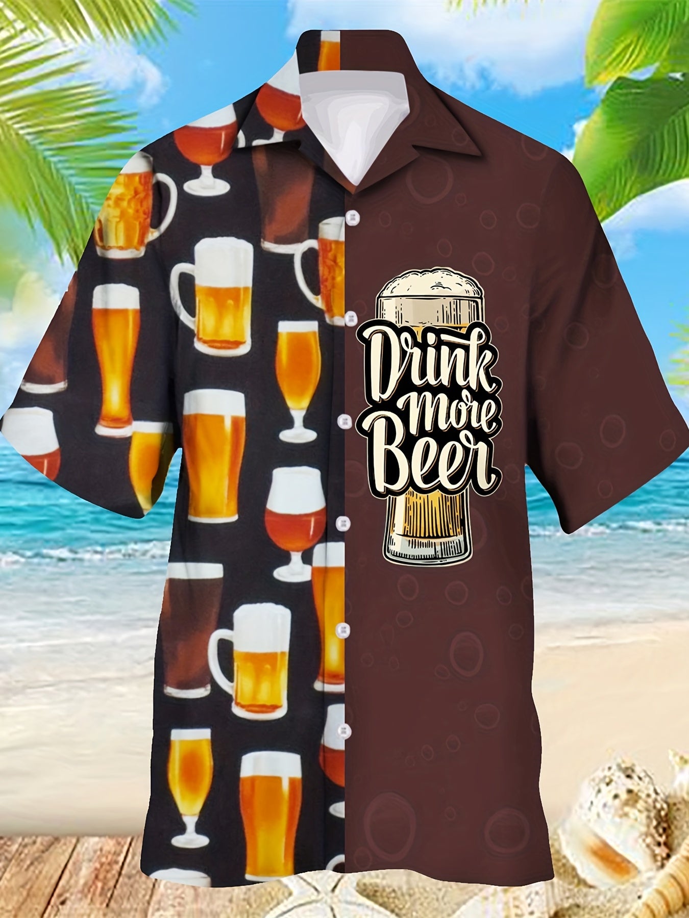 Men's Beer Slogan Print Casual Short Sleeve Shirt for Summer Vacation