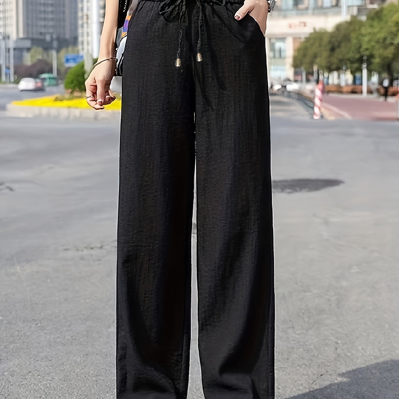  Solid Wide Leg Trousers with Pockets