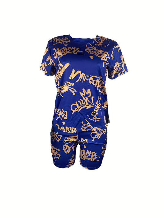 Queen Letter Print 2pc Set Casual Short Sleeve T shirt & Shorts Outfit Women's