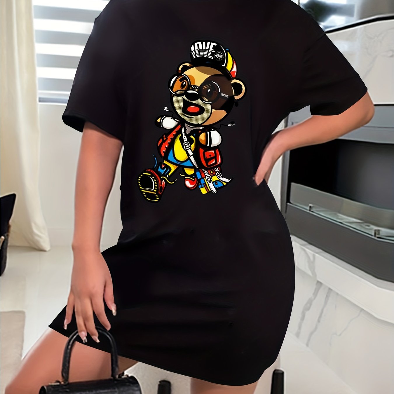  Bear Print Casual Tee Dress
