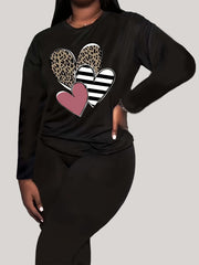 Women's Plus Heart Print Long Sleeve Round Neck Top & Leggings 2 Piece Set