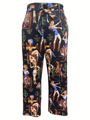  Western Style Pants Women's Plus Cartoon Print Trousers