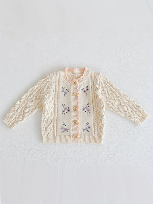 Kids Small Flower Embroidered Cotton Knitted Cardigan