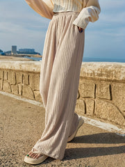  Wide Leg Trousers Solid Ribbed Elastic High Rise Casual Pants