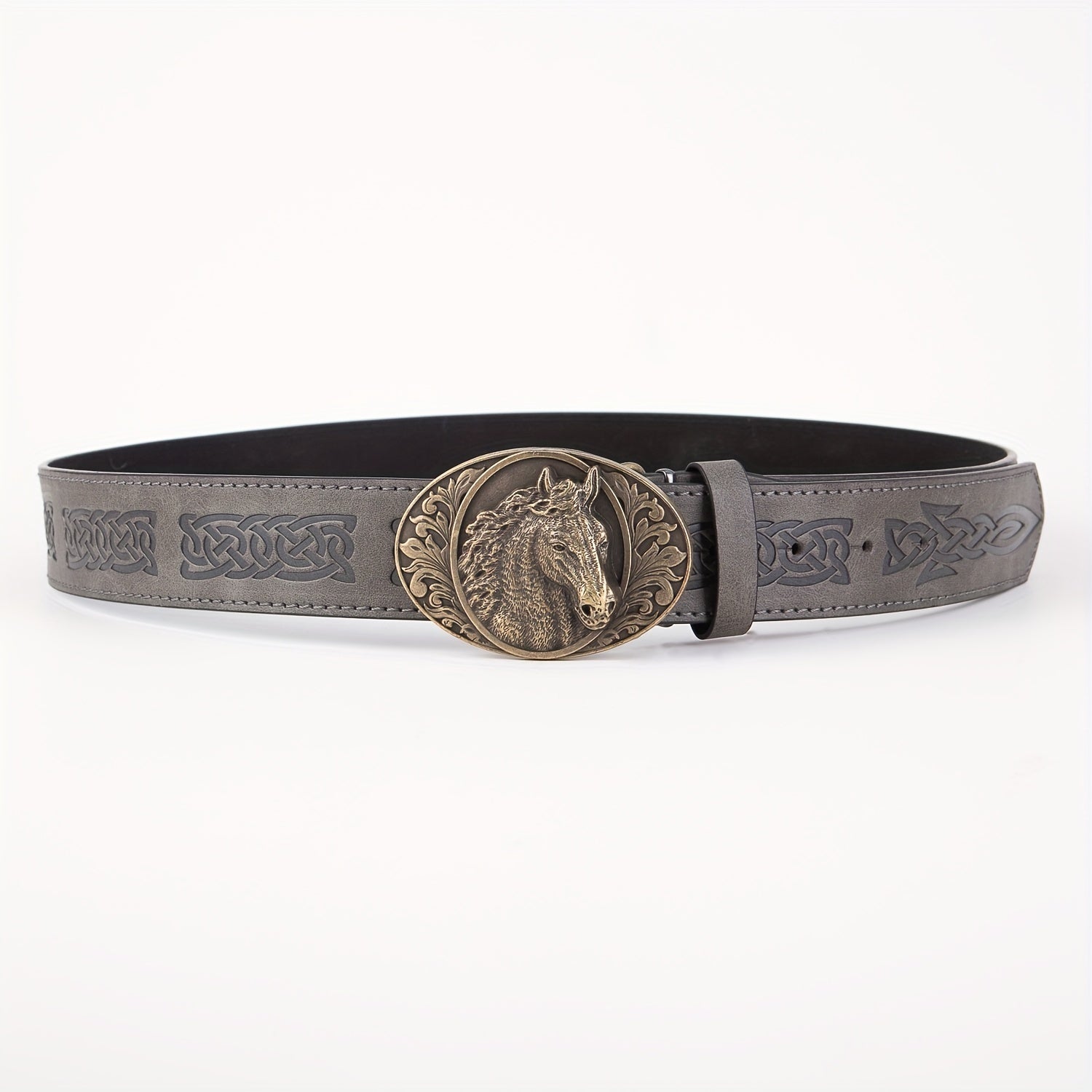 Men's PU Leather Horse Head Buckle Belt Western Cowboy Belt