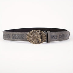 Men's PU Leather Horse Head Buckle Belt Western Cowboy Belt