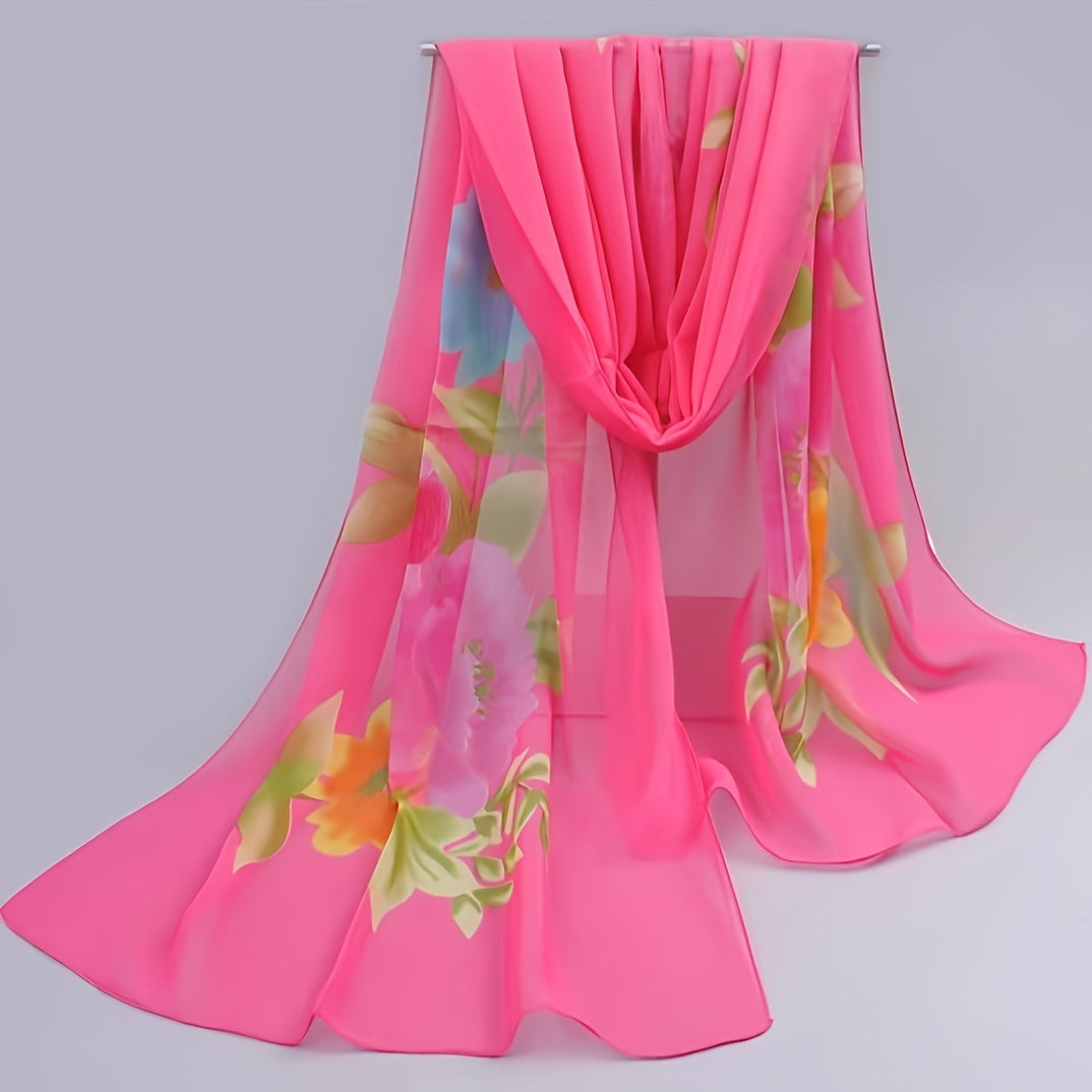 Peony Print Thin Scarf Beach Sunscreen Travel Shawl Vintage Chiffon Silk Scarf