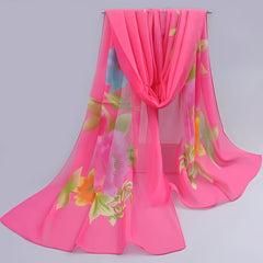 Peony Print Thin Scarf Beach Sunscreen Travel Shawl Vintage Chiffon Silk Scarf