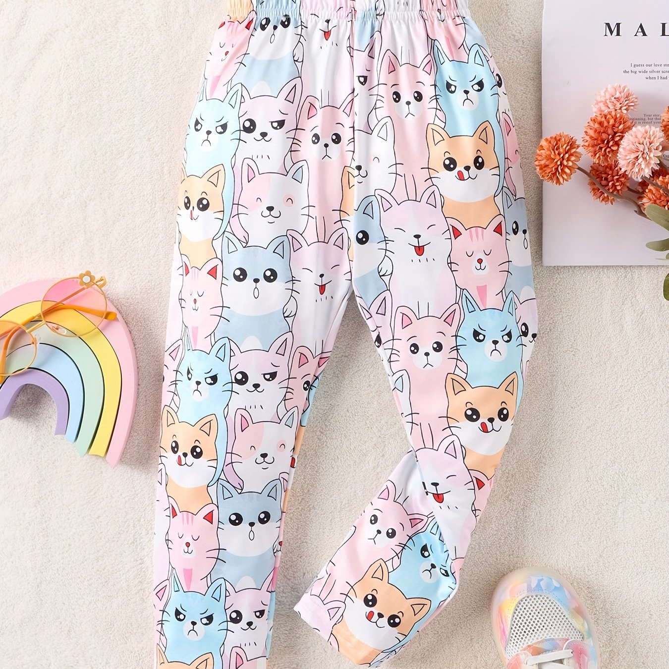 Girl's Cat Print Pants Child's Cozy Trousers