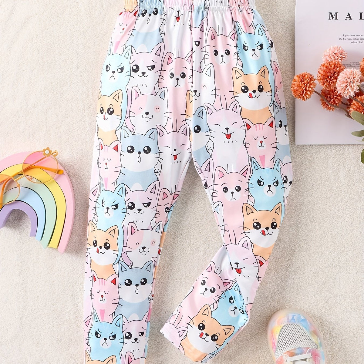 Girl's Cat Print Pants Child's Cozy Trousers