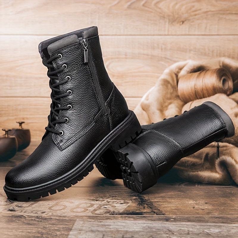 Men's Lace Up Service Boots with Side Zipper Casual Leather Walking Shoes