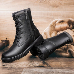 Men's Lace Up Service Boots with Side Zipper Casual Leather Walking Shoes