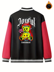 Men's Joyful Muppet Bear Print Jacket Long Sleeve Baseball Collar