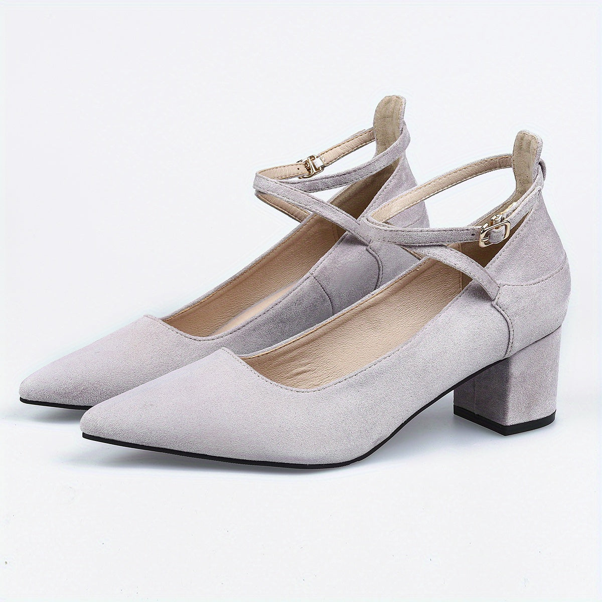 Women's Pointed Toe Chunky Heels Solid Ankle Strap Mid Heels