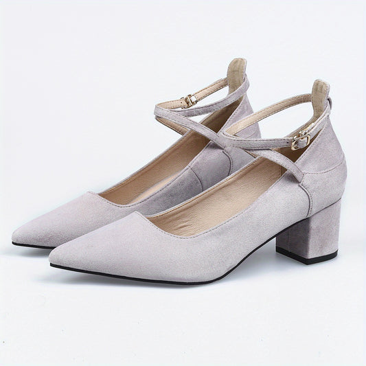 Women's Pointed Toe Chunky Heels Solid Ankle Strap Mid Heels
