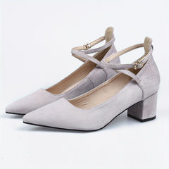 Women's Pointed Toe Chunky Heels Solid Ankle Strap Mid Heels