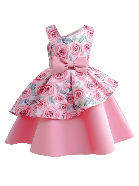 Girls Sleeveless Rose Flower Graphic Bow Princess Dress