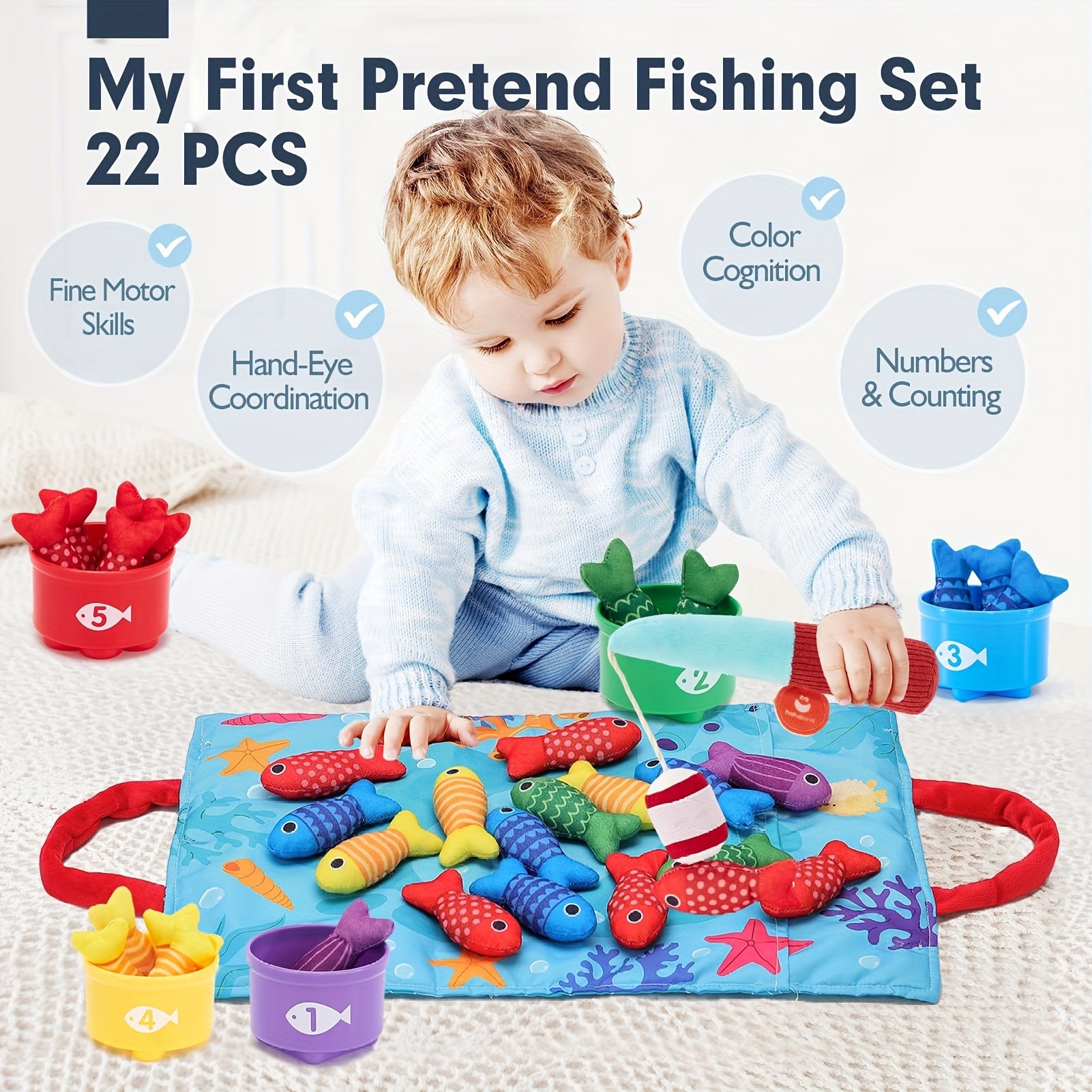 Toddler Cloth Fishing Game Gift 10-in-1 with Stacking Cups Counting Sorting