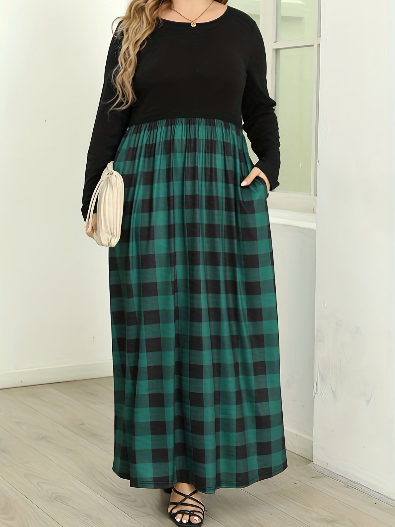  Colorblock Gingham Print Maxi Dress With Pockets
