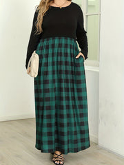  Colorblock Gingham Print Maxi Dress With Pockets