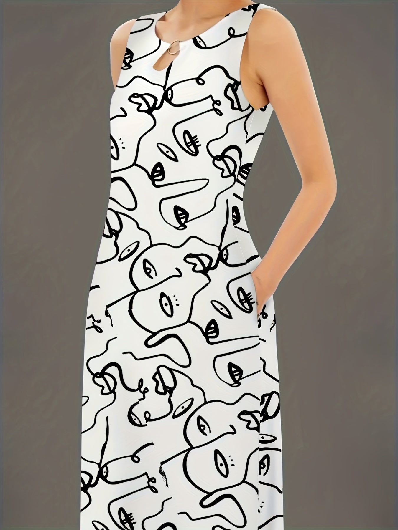 Abstract Figure Print Maxi Tank Dress With Pockets