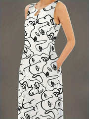 Abstract Figure Print Maxi Tank Dress With Pockets