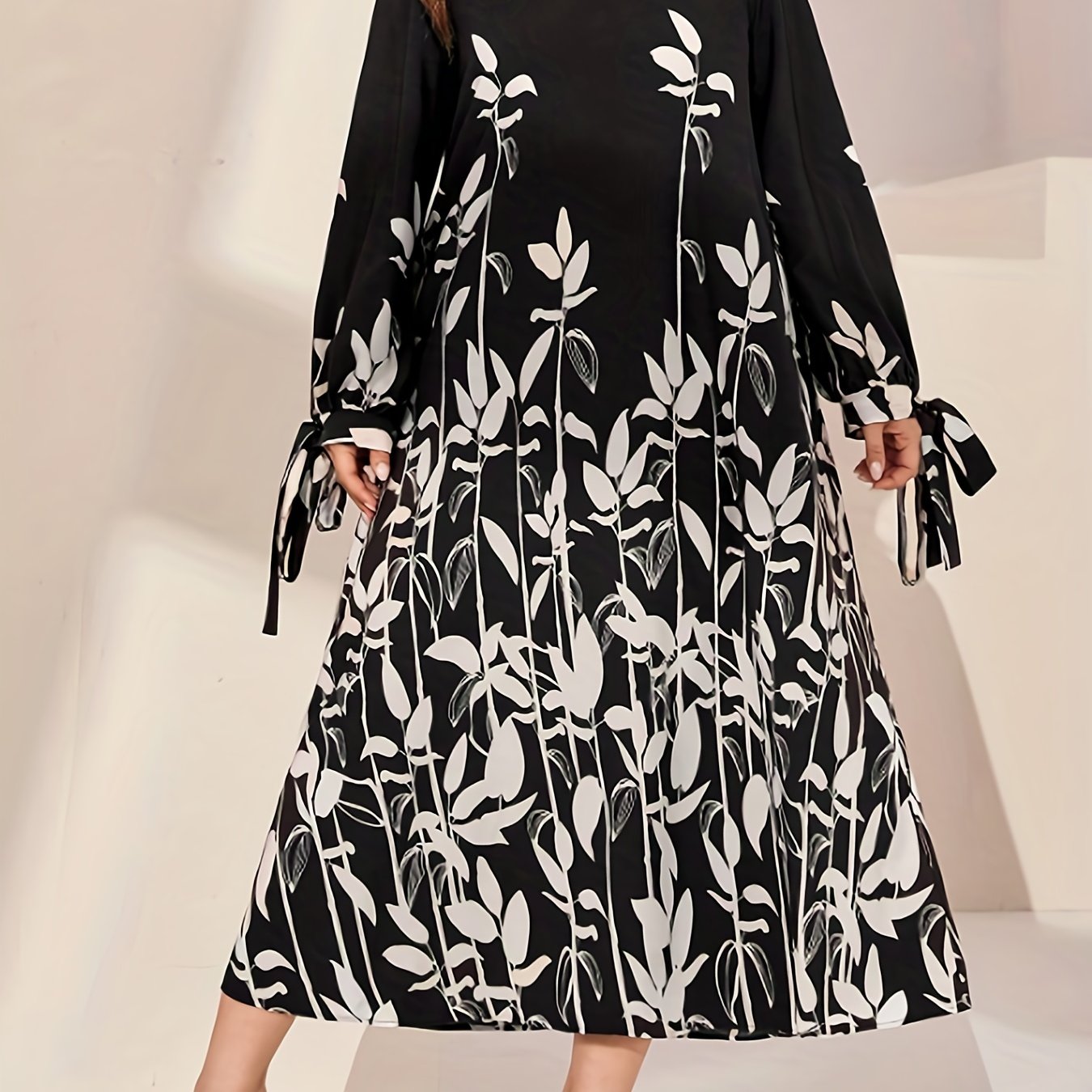  Colorblock Floral Print Round Neck Pleated Dress