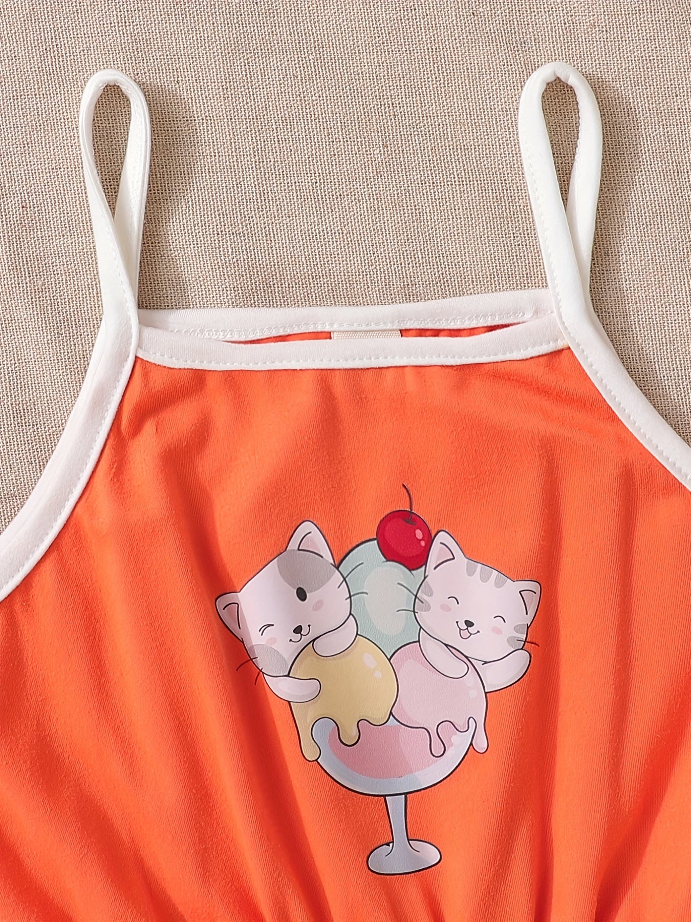 Toddler Girls Cup And Cat Graphic Bow Front Cami Rompers